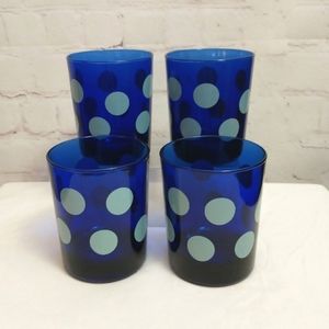 VTG Set of 4 Reims France Cobalt Blue Polka Dot Glasses Low Ball Tumblers 3.5"